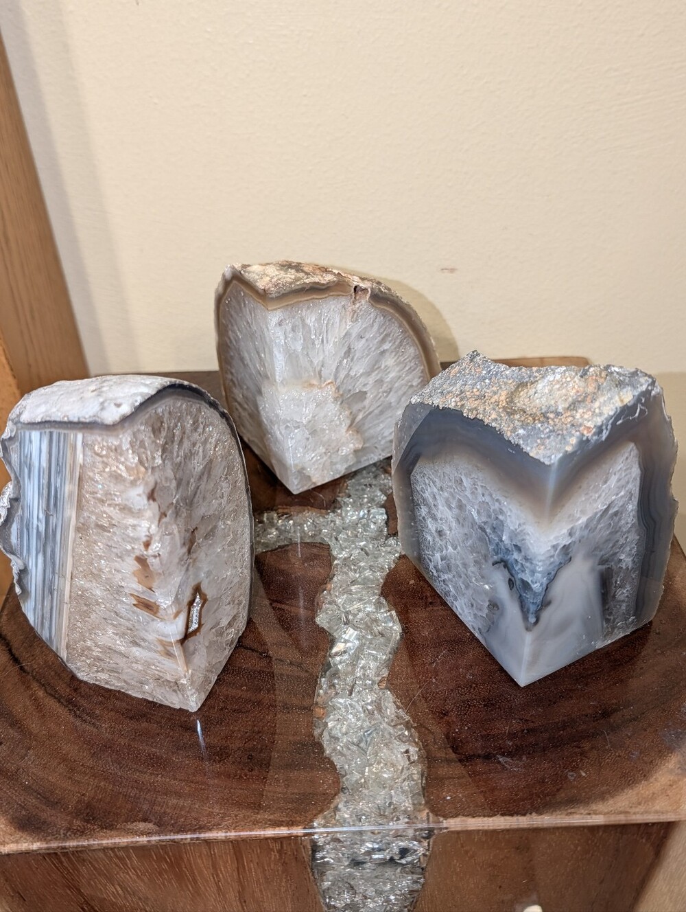 Agate Geode Polished Sections 3pc Set in Natural Shades of Greys & Golds - Picture 13 of 13